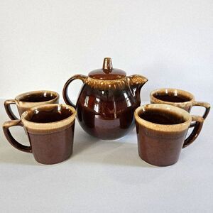 Vintage McCoy Hull Signed Brown Drip Pottery Ceramic Five Piece Teapot Mug Set